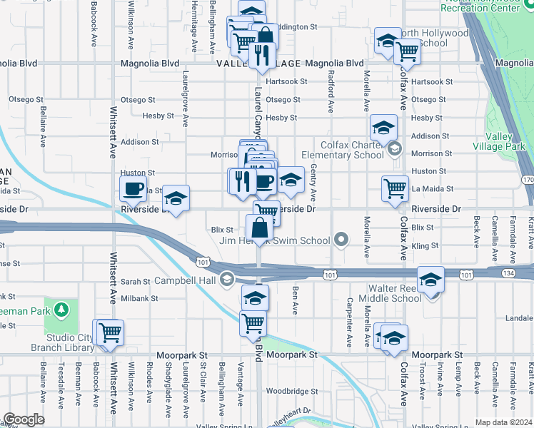 map of restaurants, bars, coffee shops, grocery stores, and more near 11950 Riverside Drive in Los Angeles