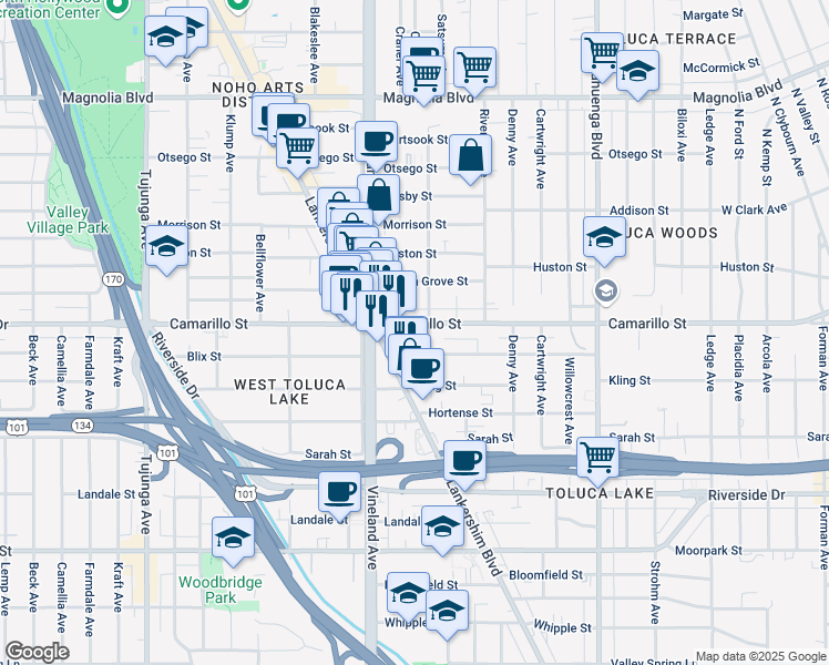 map of restaurants, bars, coffee shops, grocery stores, and more near 10918 Camarillo Street in Los Angeles