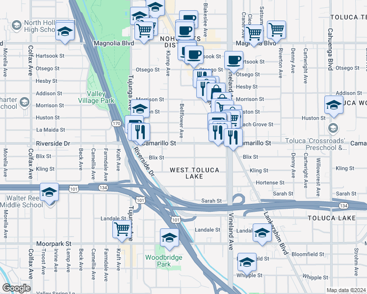 map of restaurants, bars, coffee shops, grocery stores, and more near 11162 Camarillo Street in Los Angeles