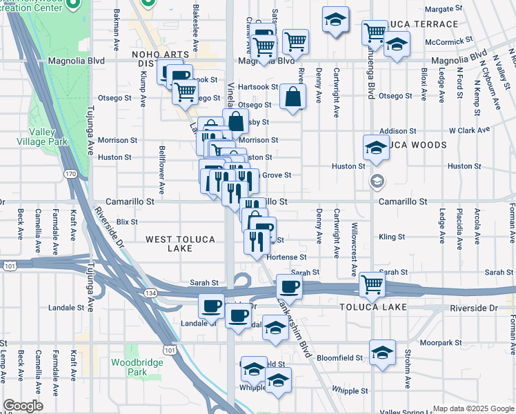 map of restaurants, bars, coffee shops, grocery stores, and more near 10918 Camarillo Street in Los Angeles