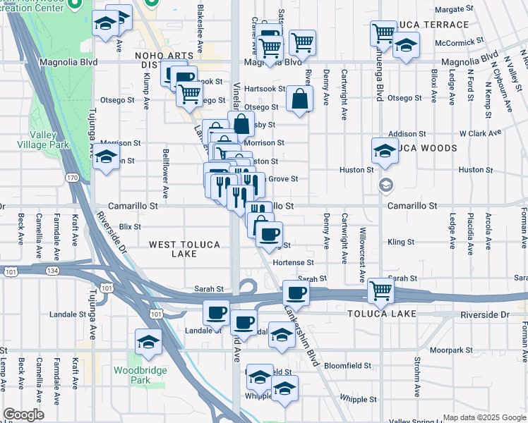 map of restaurants, bars, coffee shops, grocery stores, and more near 4806 Cleon Avenue in Los Angeles