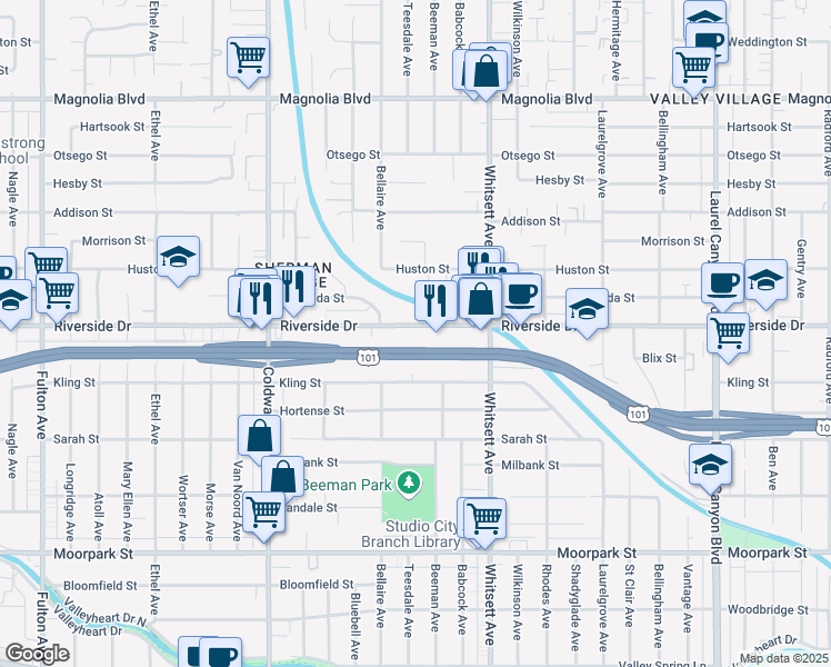 map of restaurants, bars, coffee shops, grocery stores, and more near 12699 Riverside Drive in Los Angeles