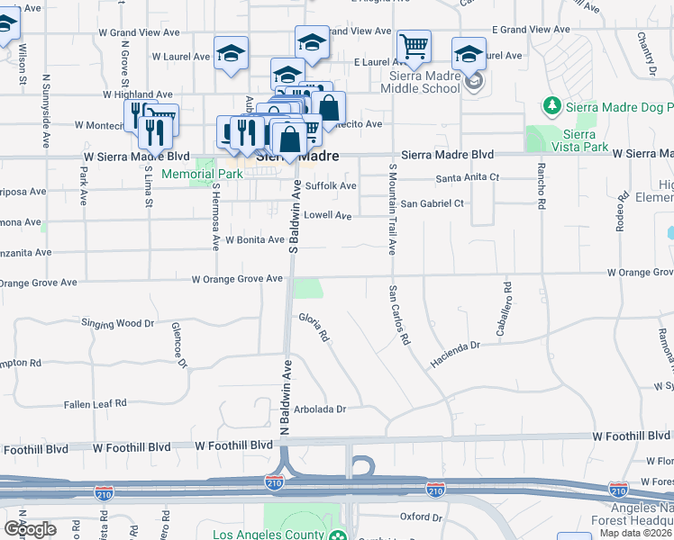 map of restaurants, bars, coffee shops, grocery stores, and more near 69 East Orange Grove Avenue in Sierra Madre