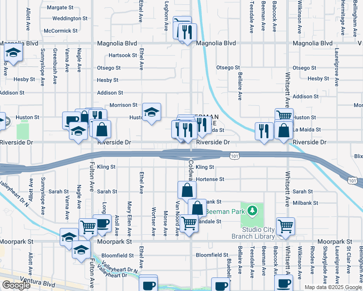 map of restaurants, bars, coffee shops, grocery stores, and more near 12920 Riverside Drive in Los Angeles