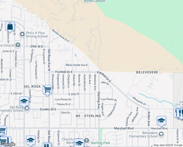 map of restaurants, bars, coffee shops, grocery stores, and more near 5311 Elm Avenue in San Bernardino