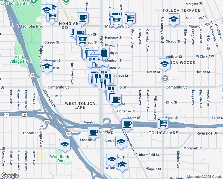 map of restaurants, bars, coffee shops, grocery stores, and more near 10924 Camarillo Street in North Hollywood
