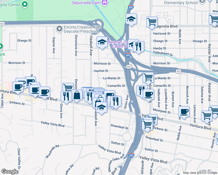 map of restaurants, bars, coffee shops, grocery stores, and more near 15500 Camarillo Street in Los Angeles