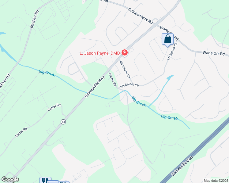 map of restaurants, bars, coffee shops, grocery stores, and more near 5416 Frazer Road in Buford