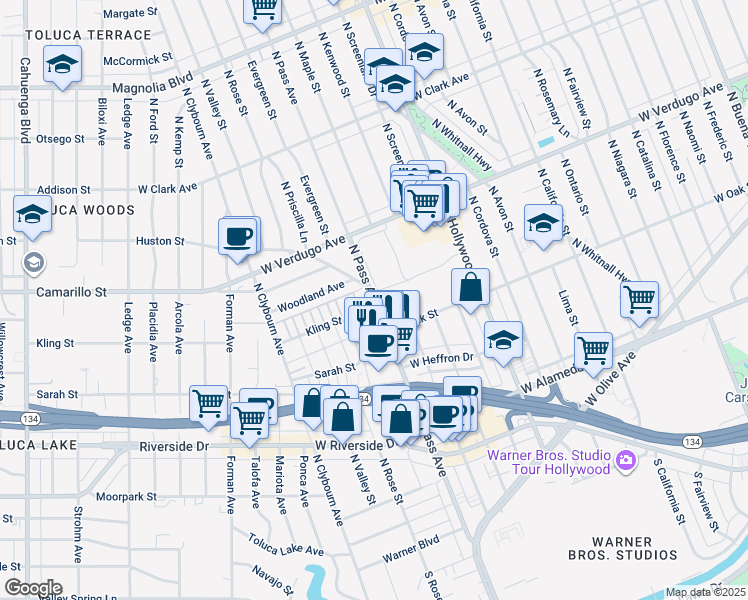 map of restaurants, bars, coffee shops, grocery stores, and more near 472 North Pass Avenue in Burbank