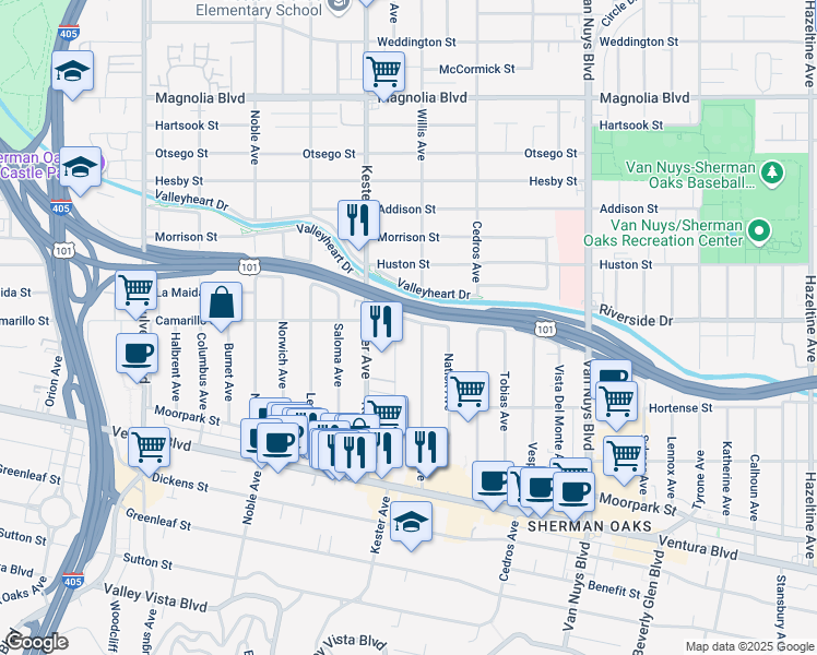 map of restaurants, bars, coffee shops, grocery stores, and more near 4808 Kester Avenue in Los Angeles