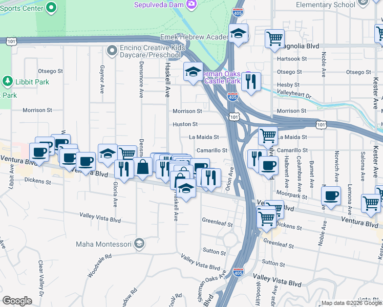 map of restaurants, bars, coffee shops, grocery stores, and more near 4747 Firmament Avenue in Los Angeles