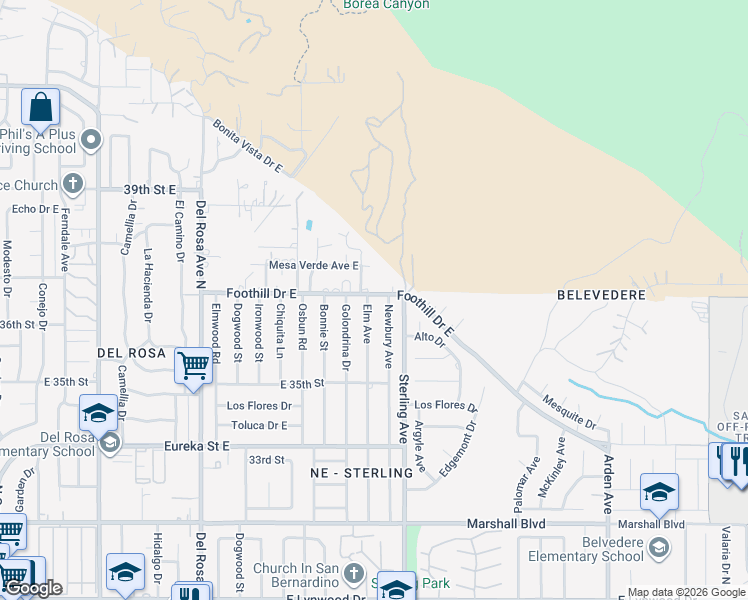 map of restaurants, bars, coffee shops, grocery stores, and more near 5311 Elm Avenue in San Bernardino