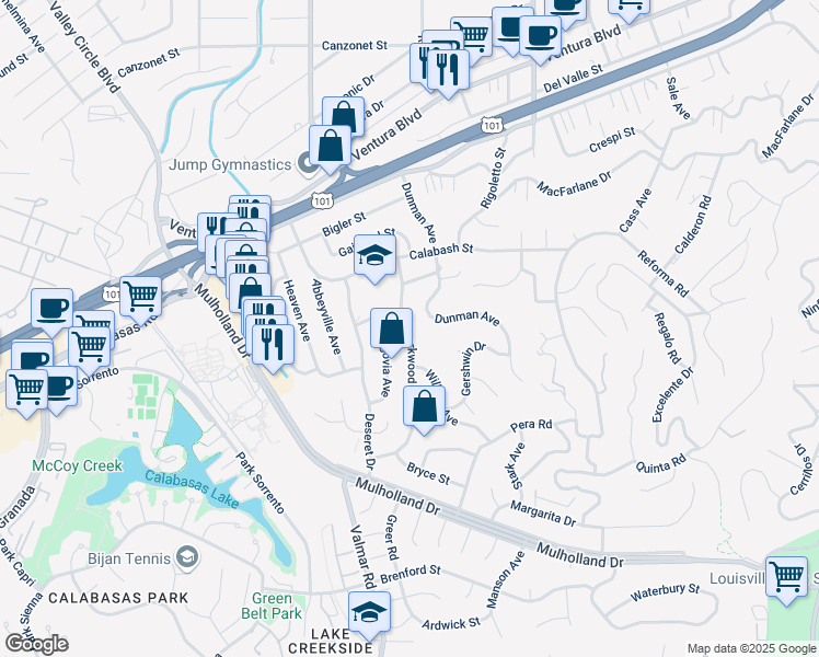 map of restaurants, bars, coffee shops, grocery stores, and more near 4750 Larkwood Avenue in Los Angeles
