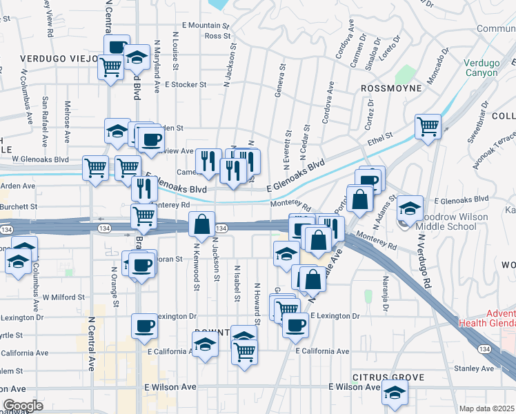 map of restaurants, bars, coffee shops, grocery stores, and more near 724 North Howard Street in Glendale