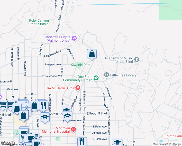 map of restaurants, bars, coffee shops, grocery stores, and more near 340 Norumbega Drive in Monrovia