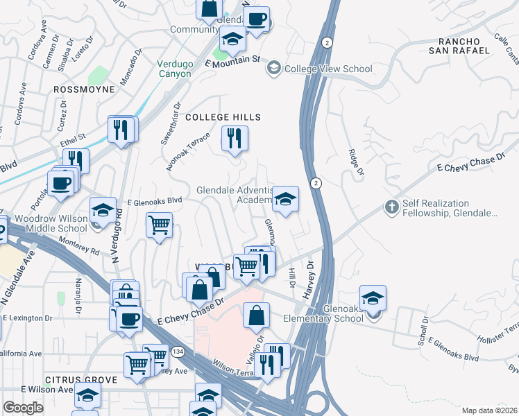 map of restaurants, bars, coffee shops, grocery stores, and more near 695 Glenmore Boulevard in Glendale
