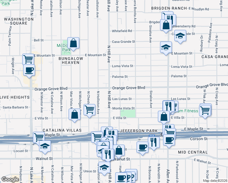 map of restaurants, bars, coffee shops, grocery stores, and more near 1443 East Orange Grove Boulevard in Pasadena