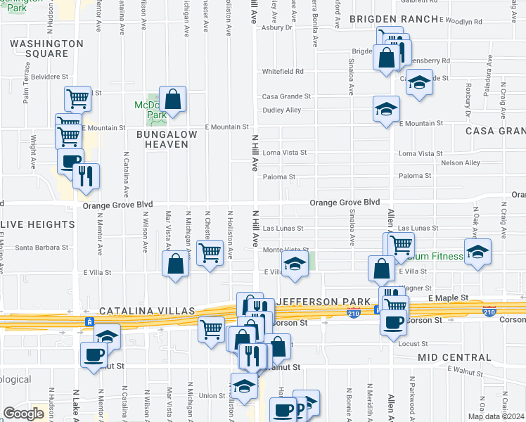 map of restaurants, bars, coffee shops, grocery stores, and more near 1443 East Orange Grove Boulevard in Pasadena