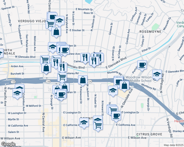 map of restaurants, bars, coffee shops, grocery stores, and more near 500 East Glenoaks Boulevard in Glendale