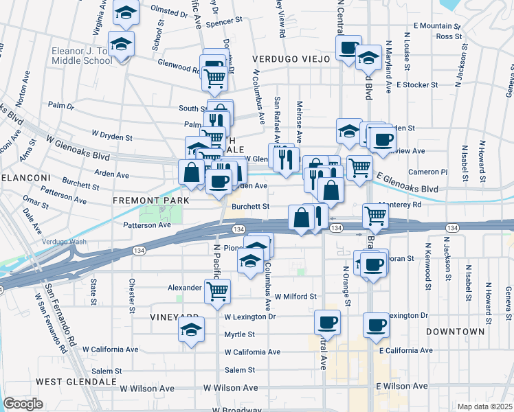map of restaurants, bars, coffee shops, grocery stores, and more near 815 North Columbus Avenue in Glendale