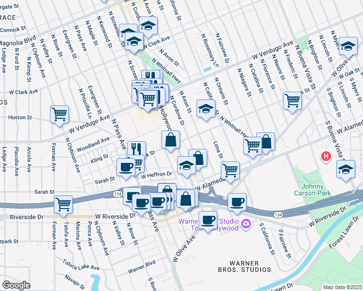 map of restaurants, bars, coffee shops, grocery stores, and more near 401 North Cordova Street in Burbank