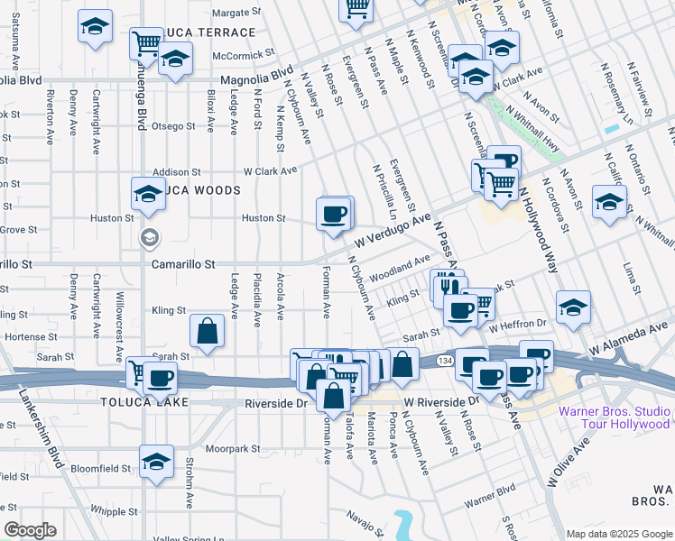 map of restaurants, bars, coffee shops, grocery stores, and more near 10201 Camarillo Street in Los Angeles