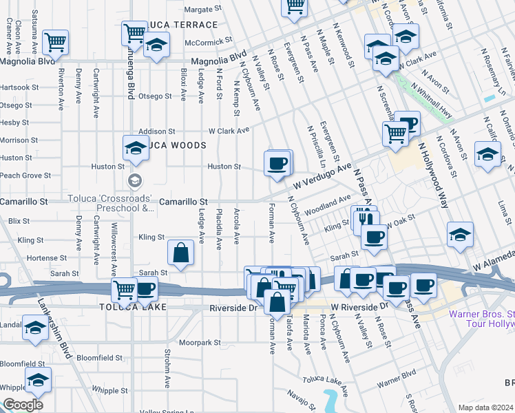 map of restaurants, bars, coffee shops, grocery stores, and more near 10201 Camarillo Street in Los Angeles