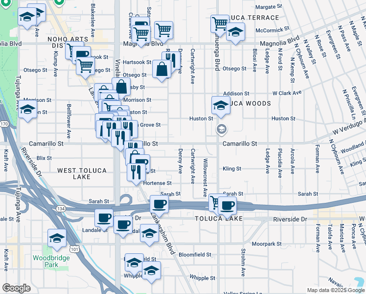 map of restaurants, bars, coffee shops, grocery stores, and more near 10741 Camarillo Street in Los Angeles