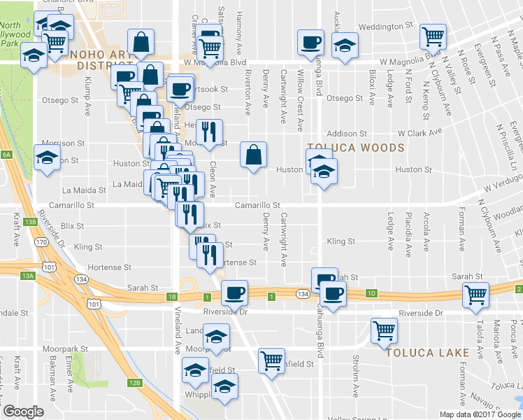 map of restaurants, bars, coffee shops, grocery stores, and more near 10741 Camarillo Street in Los Angeles