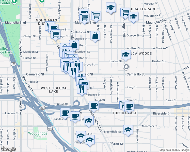 map of restaurants, bars, coffee shops, grocery stores, and more near 10815 Camarillo Street in Los Angeles