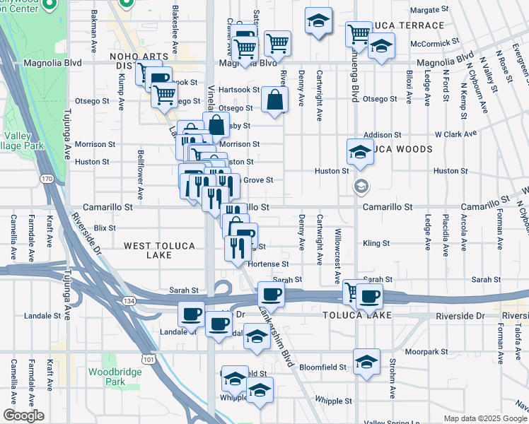 map of restaurants, bars, coffee shops, grocery stores, and more near 10815 Camarillo Street in Los Angeles