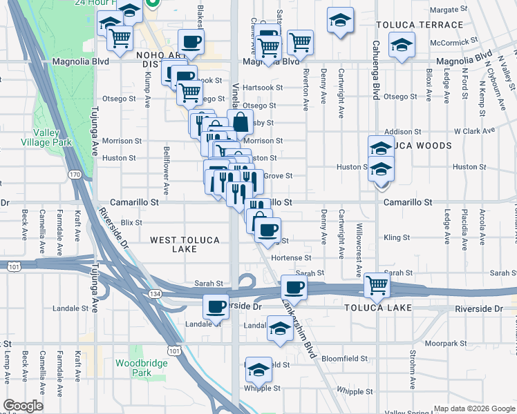 map of restaurants, bars, coffee shops, grocery stores, and more near 4817 Craner Avenue in Los Angeles