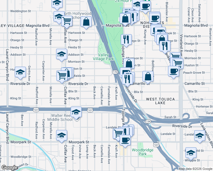 map of restaurants, bars, coffee shops, grocery stores, and more near 4811 Farmdale Avenue in Los Angeles