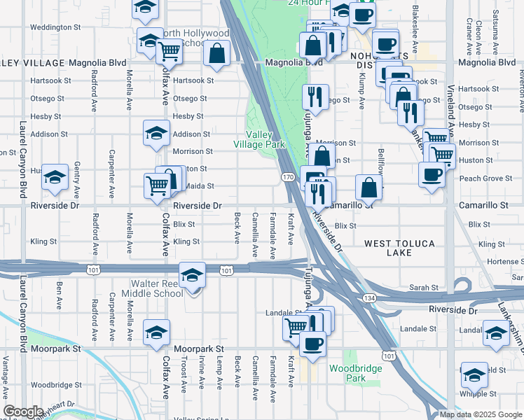 map of restaurants, bars, coffee shops, grocery stores, and more near 4811 Farmdale Avenue in Los Angeles