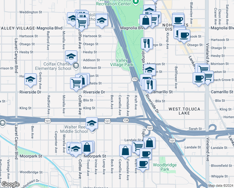 map of restaurants, bars, coffee shops, grocery stores, and more near 11531 Riverside Drive in Los Angeles