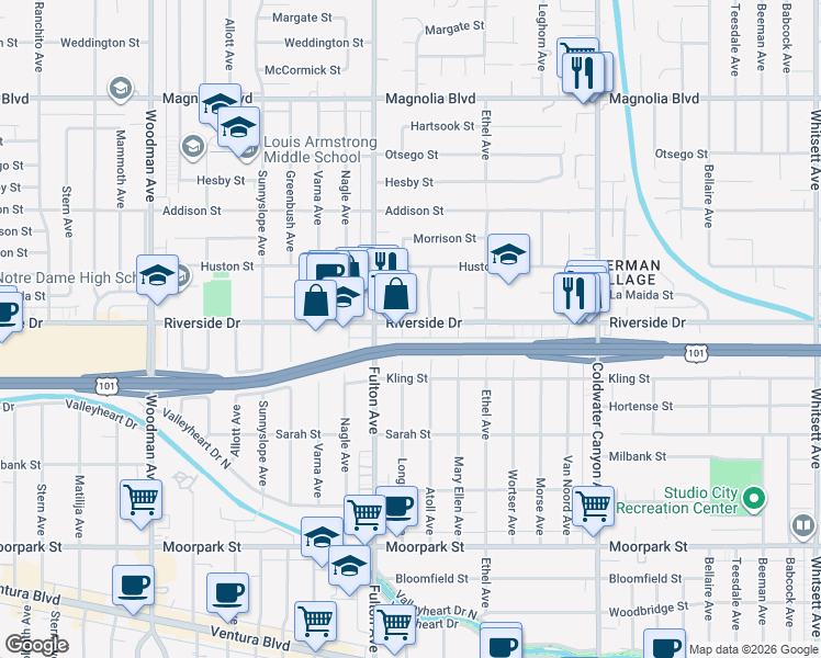 map of restaurants, bars, coffee shops, grocery stores, and more near 13205 Riverside Drive in Los Angeles