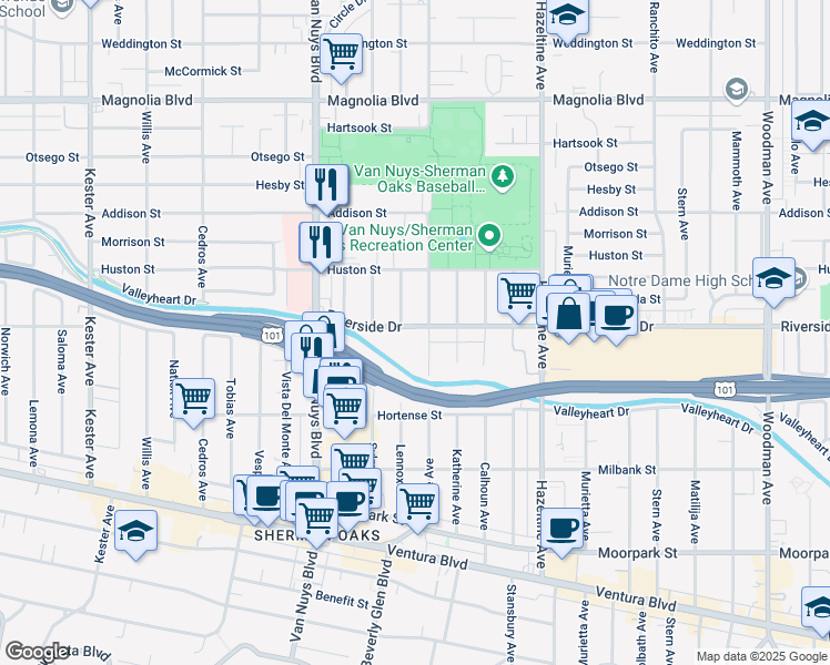 map of restaurants, bars, coffee shops, grocery stores, and more near 4817 Tyrone Avenue in Los Angeles