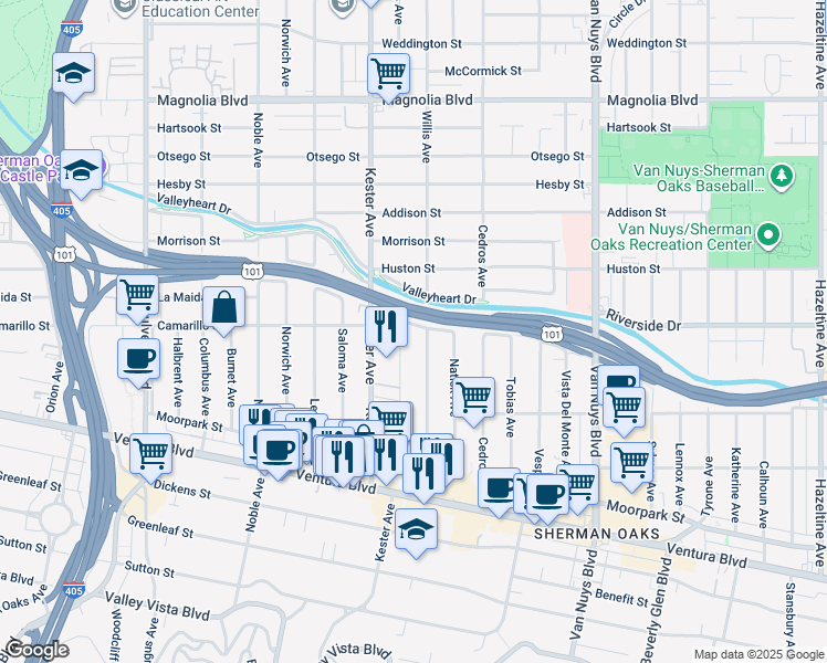 map of restaurants, bars, coffee shops, grocery stores, and more near 4808 Kester Avenue in Los Angeles