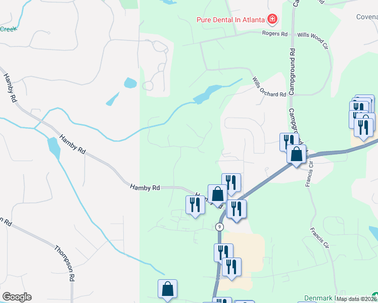 map of restaurants, bars, coffee shops, grocery stores, and more near 3820 Hamby Oaks Drive in Alpharetta