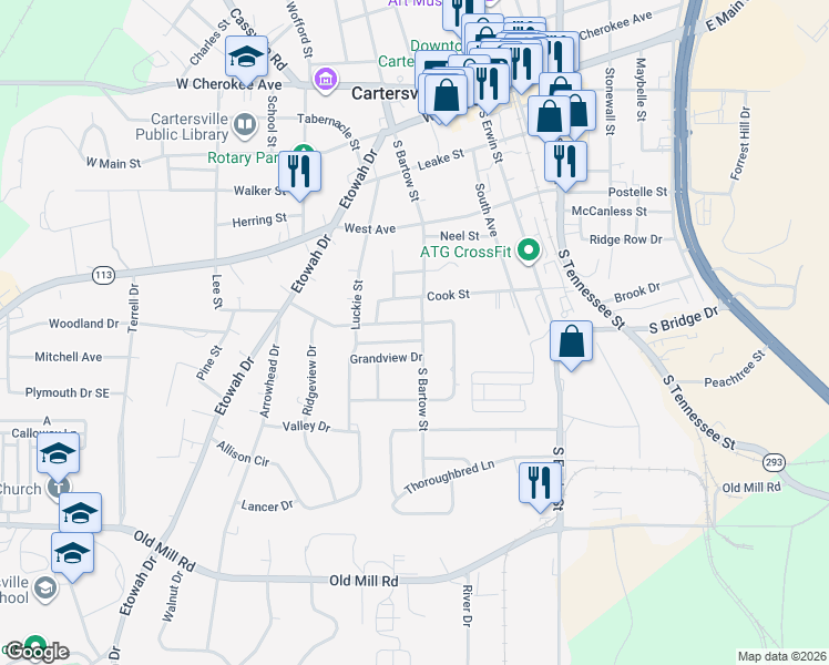 map of restaurants, bars, coffee shops, grocery stores, and more near 6 Boatner Avenue in Cartersville