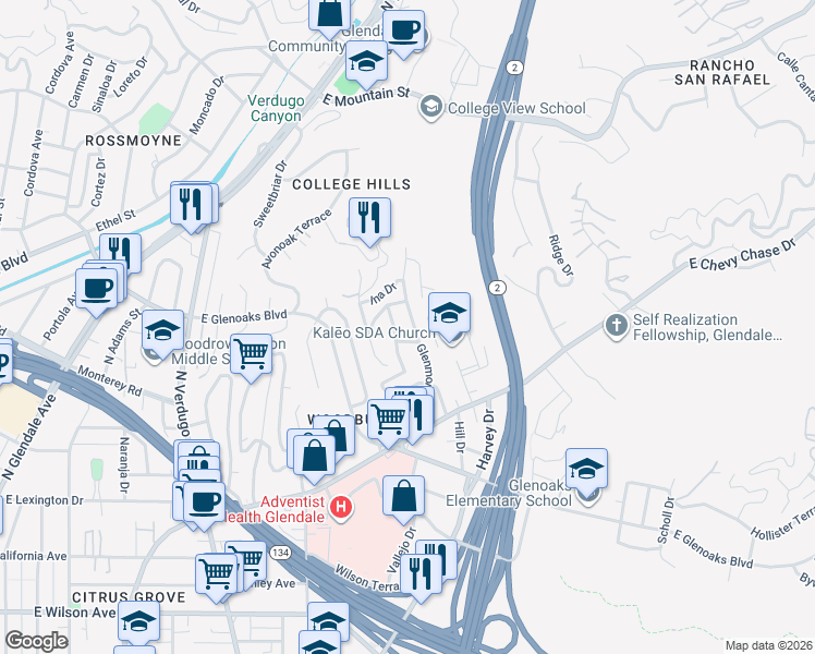 map of restaurants, bars, coffee shops, grocery stores, and more near 695 Glenmore Boulevard in Glendale