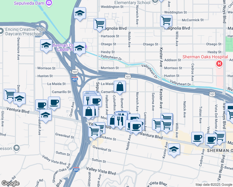 map of restaurants, bars, coffee shops, grocery stores, and more near 4760 Columbus Avenue in Los Angeles