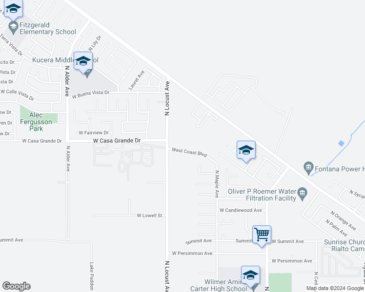 map of restaurants, bars, coffee shops, grocery stores, and more near 1856 West Coast Boulevard in Rialto