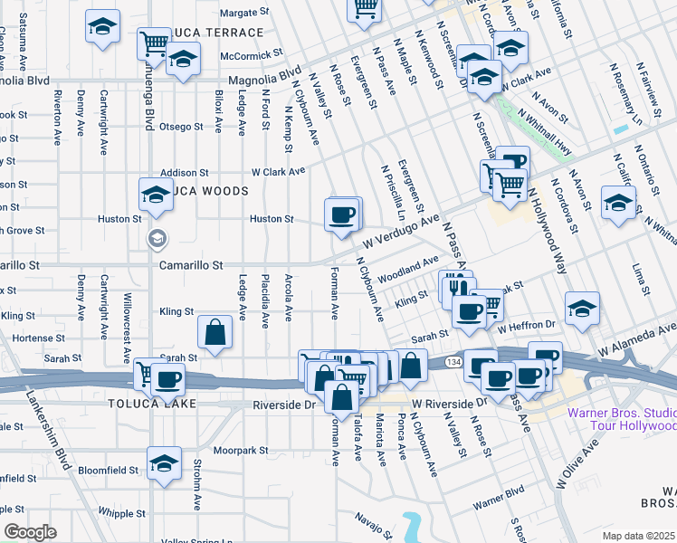 map of restaurants, bars, coffee shops, grocery stores, and more near 4764 Forman Avenue in Los Angeles