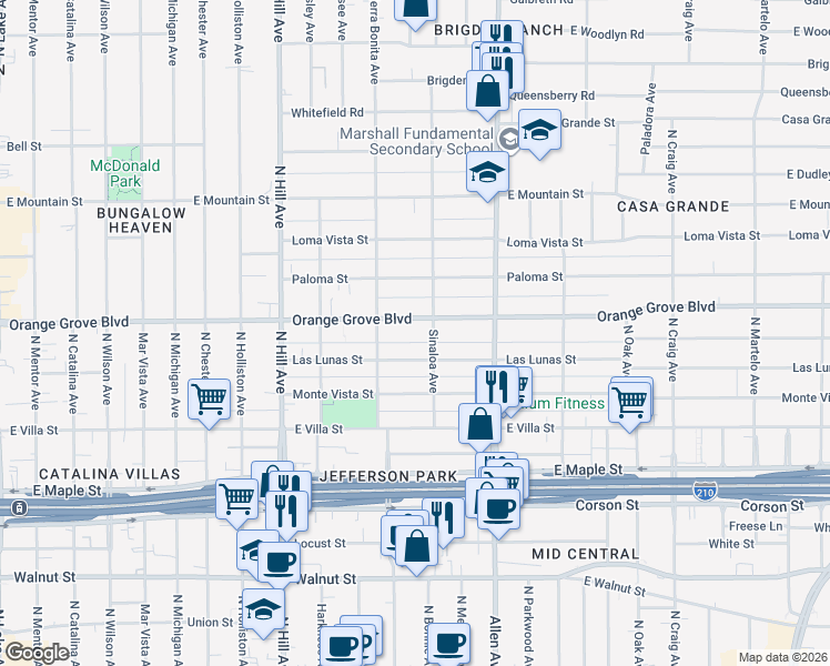 map of restaurants, bars, coffee shops, grocery stores, and more near 1650 East Orange Grove Boulevard in Pasadena