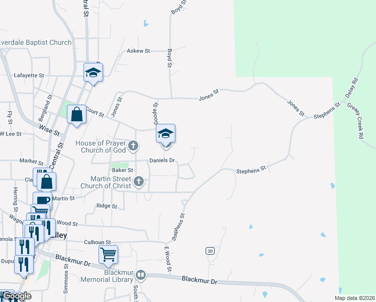 map of restaurants, bars, coffee shops, grocery stores, and more near 25 Oak Dr in Water Valley