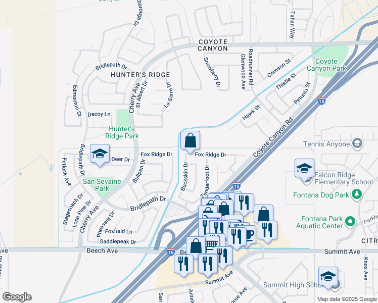 map of restaurants, bars, coffee shops, grocery stores, and more near 15022 Fox Ridge Drive in Fontana