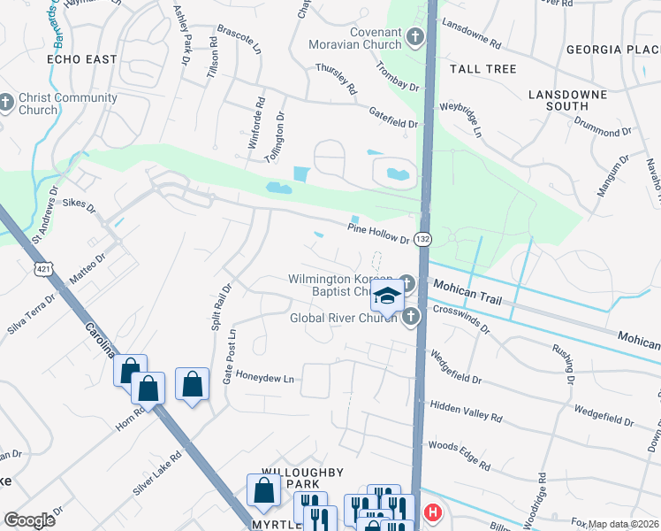 map of restaurants, bars, coffee shops, grocery stores, and more near 4622 Song Sparrow Court in Wilmington