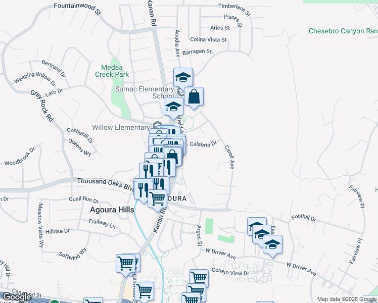 map of restaurants, bars, coffee shops, grocery stores, and more near 28915 Calabria Drive in Agoura Hills
