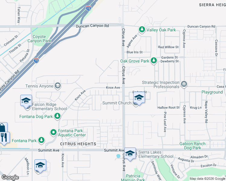 map of restaurants, bars, coffee shops, grocery stores, and more near 5313 Teramo Lane in Fontana